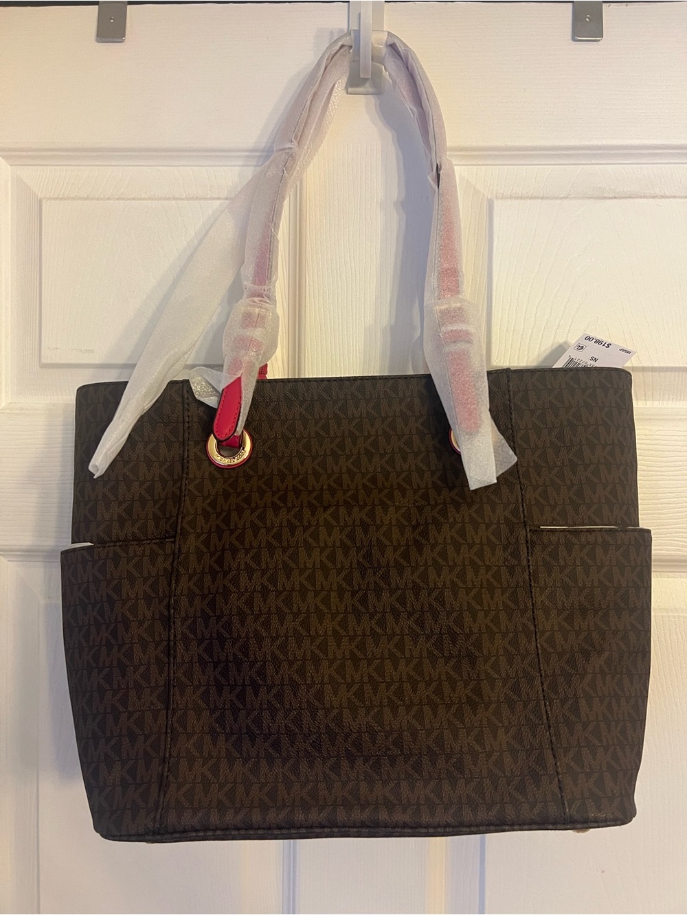 Michael Kors Brown MK Signature Logo Tote with Pink Handle Accents